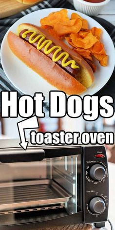 hot dogs and toaster oven sitting on a table