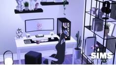 a computer desk with some plants on top of it and shelves in the corner next to it