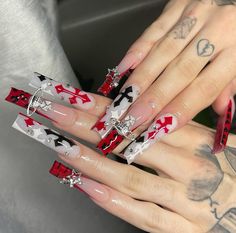 Red And Grey Nails Design, Red Nail Sets, Acrylic Nail Set, Punk Nails, Hard Nails, Drip Nails, Edgy Nails, Glamour Nails