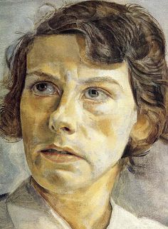 an oil painting of a woman's face with brown hair and white collared shirt