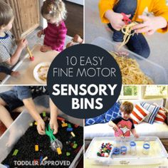 there are pictures of different toys and activities in the house with text overlay that reads 10 easy fine motor sensory bins