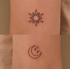 two sun and moon tattoos on the back of their arm, one with a crescent