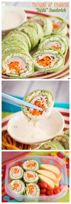 there are pictures of different food items on the plate and in the bowl, with chopsticks sticking out of them