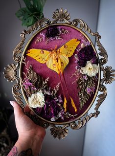 a person holding up a small yellow and purple butterfly in a frame with flowers on it