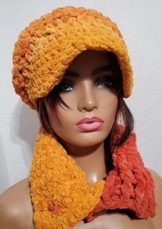 Embrace the power of Color.!!  Your style reveals what is Unique and Beautiful about you. The Bucket hat takes a new style when crocheted in this warm Chenille yarn.  Dare to be Unique.  Soft and warm.  Keep yourself warm while keeping up with the latest in winter fashion with this wonderful accessory!  Model is wearing:  Gold and Orange  Blend This sale is for the hat and scarf ::M A D E - T O - O R D E R:: :: C O L O R :: Please see color selections below :: Y A R N :: 100% acrylic :: W A S H Winter Crochet Visor Hat, One Size, Winter Crochet Visor Hat, Casual Winter Crochet Visor Hat, One Size Yellow Crochet Hat For Winter, Yellow Crochet Hat For Winter, One Size, Yellow Crochet Cap For Winter, Orange Crochet Hat For Winter, Winter Yellow Crochet Hat, One Size, Yellow Winter Crochet Cap