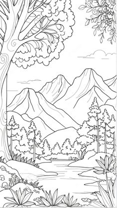 a coloring page with trees and mountains in the background