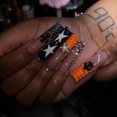 🧡🖤🤍 Long Halloween Nails, Holloween Nails, Multicolored Nails, Long Acrylic Nail Designs, Hard Nails, Drip Nails, Ombre Acrylic Nails, Colored Acrylic Nails, Cute Acrylic Nail Designs