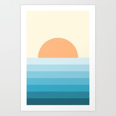 the sun is setting over the ocean with blue and orange waves on it art print