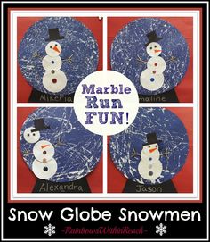 four snow globes with the words marble run fun on them