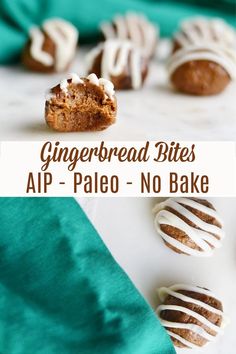 gingerbread bites with white frosting on top and in the background, there are no bakes