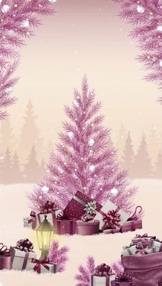 a pink christmas tree with presents under it