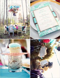 a collage of pictures with different items on them including plates, napkins and flowers