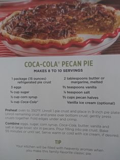 a recipe for a chocolate - cola pecan pie is shown in the menus