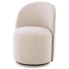 an upholstered chair with a curved back and foot rest, in beige fabric