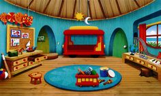 a child's bedroom decorated in bright colors with toys on the floor and furniture