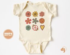 All of the shirts and bodysuits at our shop are CPSIA compliant. We only use Eco-friendly, water-based inks that are also CPSIA compliant and boasts strong washability (highest score on AATCC wash test).  So rest assure to put them on your little ones!  ** COLOR OF T-SHIRTS WILL VARY SLIGHTLY DUE TO LIGHTING AND/OR MONITOR SETTINGS ** DETAILS OF BABY BODYSUITS & T-SHIRTS MAY VARY SLIGHTLY FROM PRODUCT PHOTOS BASED ON AVAILABLE INVENTORY HOW TO ORDER: Please follow these 5 simple steps: 1. Select Summer Short Sleeve Onesie With Custom Print, White Floral Print Onesie For Summer, Summer Floral Print White Onesie, Summer White Floral Print Onesie, Unisex Graphic Print Bodysuit For Summer, Spring White Graphic Print Bodysuit, Fitted White Onesie With Floral Print, Peace Flower, Flower Retro