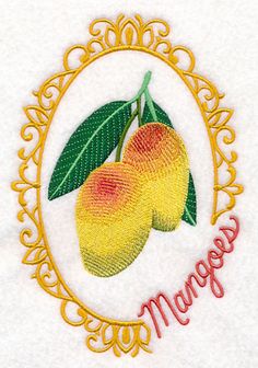 two peaches with green leaves and the word mango in a gold frame on a white background