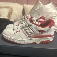 Red And White New Balance 550 Never Worn New Balance White Skate Shoes With Round Toe, New Balance Red High-top Sneakers, Red High-top New Balance Sneakers, Nee Balance, White New Balance 550, Red New Balance, White New Balance, Balance 550, Shoe Wishlist