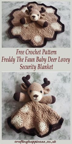 two crocheted stuffed animals sitting on top of each other with the words free croche