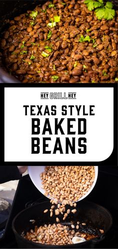 texas style baked beans in a skillet with text overlay