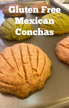 gluten free mexican conchas on a baking sheet with text overlay