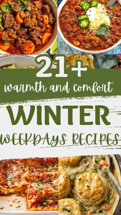 winter dinner menus with text overlay that reads 21 + warm and comfort winter meals