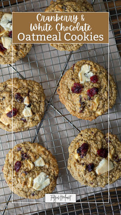 cranberry white chocolate oatmeal cookies on a cooling rack with text overlay