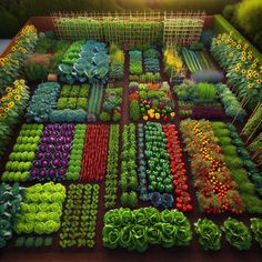 a vegetable garden with many different types of vegetables and plants in rows on the ground