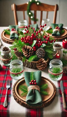 a christmas table setting with pine cones, evergreen leaves and red berries on the napkins