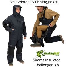 two men wearing winter fishing jackets and standing next to each other with the caption saying best winter fly fishing jacket