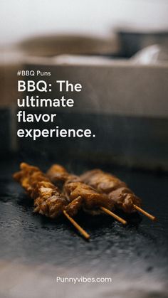 some food is cooking on the grill and it says bbq the ultimate flavor experience