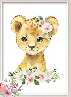 a watercolor painting of a baby cheetah wearing a flower crown