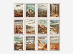 a series of nine posters depicting different mountains