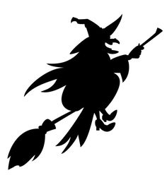 a black and white silhouette of a witch flying on a broom with a pointed nose