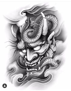 Hannya Maske Tattoo, Mascara Hannya, Tato Irezumi, Hannya Maske, Tato 3d, Japanese Mask Tattoo, Chest Tattoo Drawings, Oni Mask Tattoo, Oni Tattoo