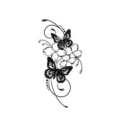 a black and white drawing of flowers with butterflies