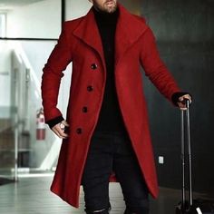 Red Overcoat, F Men, Basic Wardrobe, Male Style, Long Overcoat, Winter Outwear, Winter Trench Coat, Denim Clothing