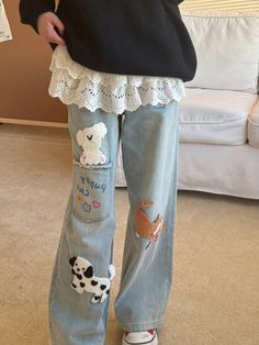 Puppy Cat Party Cute Patch Denim Wide-Leg Jeans - ntbhshop Everyday Outfits