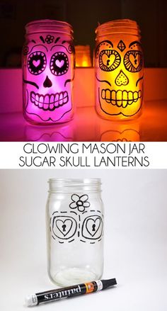 two mason jars with skulls painted on them and the words glowing mason jar sugar skull lanterns