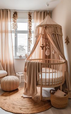 a baby's room with a crib, rocking chair and round rug on the floor