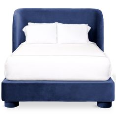 a bed with white sheets and pillows on it's headboard, against a white background