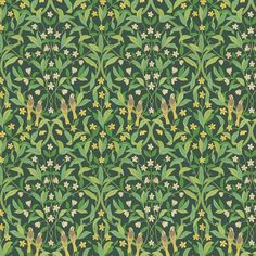 a green and yellow floral wallpaper with birds