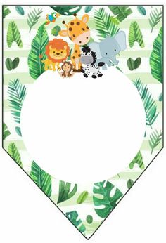 a paper plate with jungle animals and palm leaves on the border, in front of a white