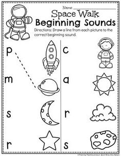 the space walk beginning sounds worksheet for children to practice their handwriting and writing skills