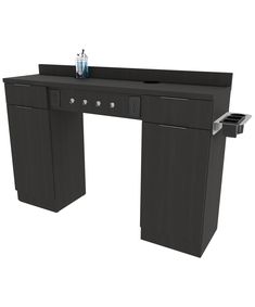 a black desk with drawers and a sink