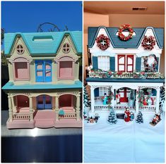 two pictures side by side one has a doll house and the other has a christmas wreath