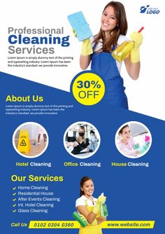 the flyer for cleaning services is shown in blue and yellow colors, with images of people holding