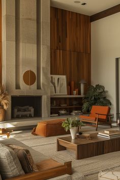 a living room filled with furniture and a fire place in the middle of it's wall