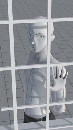 a white robot standing in front of a window with his hand on the glass door