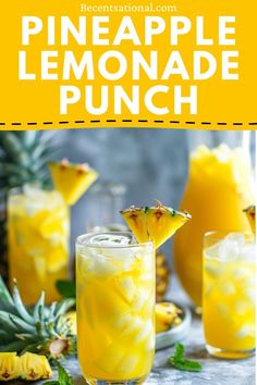 pineapple lemonade punch is served in tall glasses with ice and garnishes